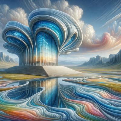 The primary subject of the image is a large, futuristic building with a blue and white color scheme. The building is situated in a picturesque landscape, surrounded by mountains and a body of water. The visual style of the image is digital art, with a surreal and dreamy atmosphere. The colors and mood of the image are predominantly blue and white, with a touch of pink, creating a serene and calming environment.